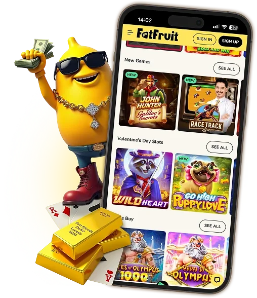 FatFruit lemon mascot with a phone showing the FatFruit Casino mobile lobby