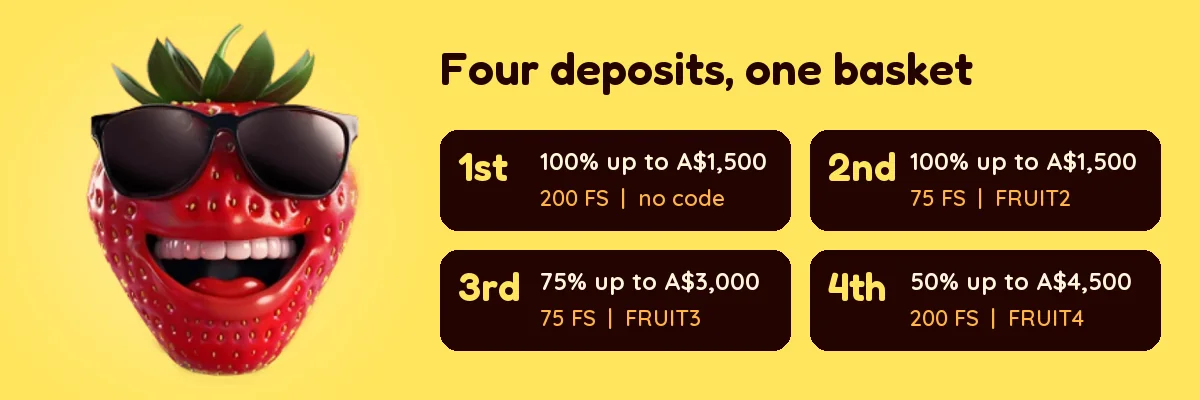 FatFruit bonus codes FRUIT2, FRUIT3 and FRUIT4 across the four welcome deposits, with the brand's strawberry mascot