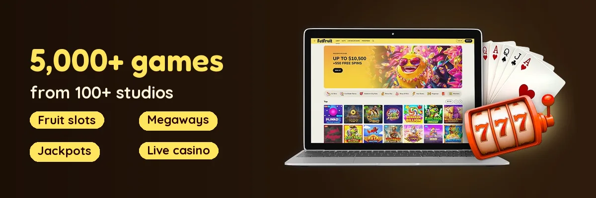 FatFruit Casino lobby on a laptop: 5,000+ games with fruit slots, Megaways, jackpots and live casino tabs
