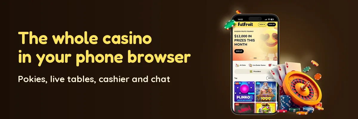 FatFruit Casino mobile lobby in a phone browser with pokies and live tables
