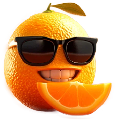 FatFruit Casino orange mascot in sunglasses from the brand's fruit crew
