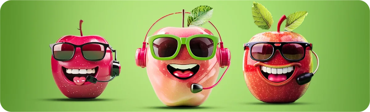 FatFruit Casino support crew: three apple mascots with headsets